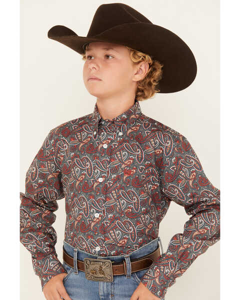 Image #1 - Cinch Boys' Paisley Print Long Sleeve Button Down Western Shirt, Blue, hi-res