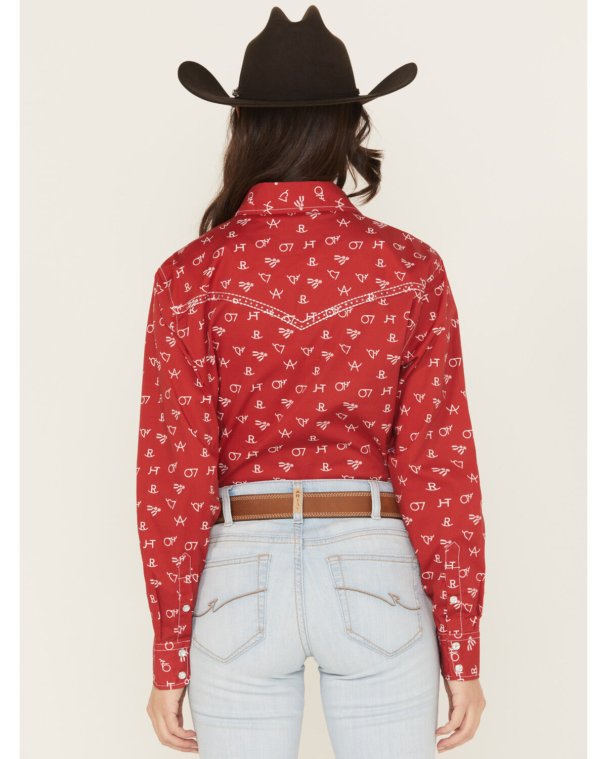 Image #4 - Cowgirl Hardware Women's Branding Print Long Sleeve Rhinestone Snap Stretch Western Shirt, Red, hi-res