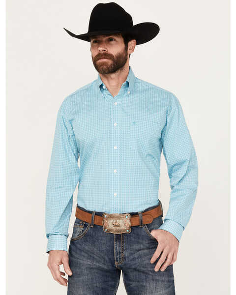 Image #1 - Stetson Men's Geo Print Long Sleeve Button Down Western Shirt, Turquoise, hi-res