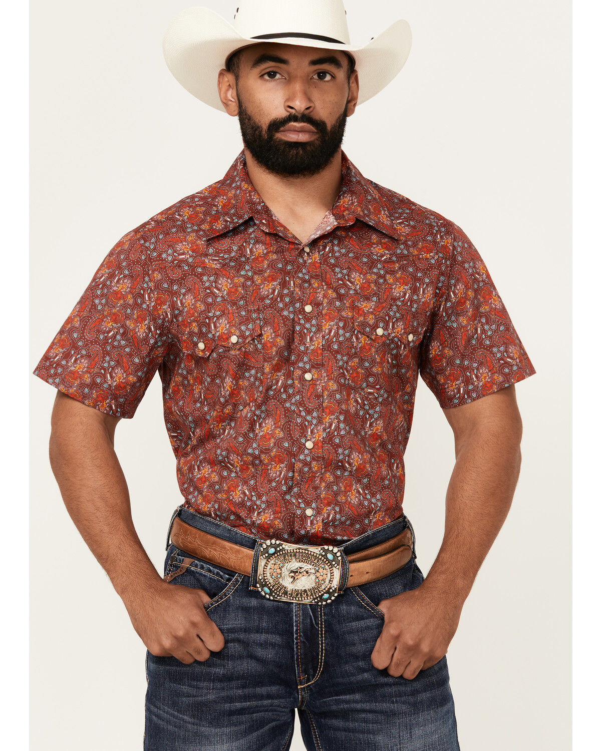 Image #1 - Rock & Roll Denim Men's Paisley Print Short Sleeve Snap Stretch Western Shirt, Dark Orange, hi-res