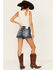 Image #1 - Miss me Women's Dark Wash Mid Rise Fleur de Lis Pocket Stretch Denim Shorts, Dark Wash, hi-res