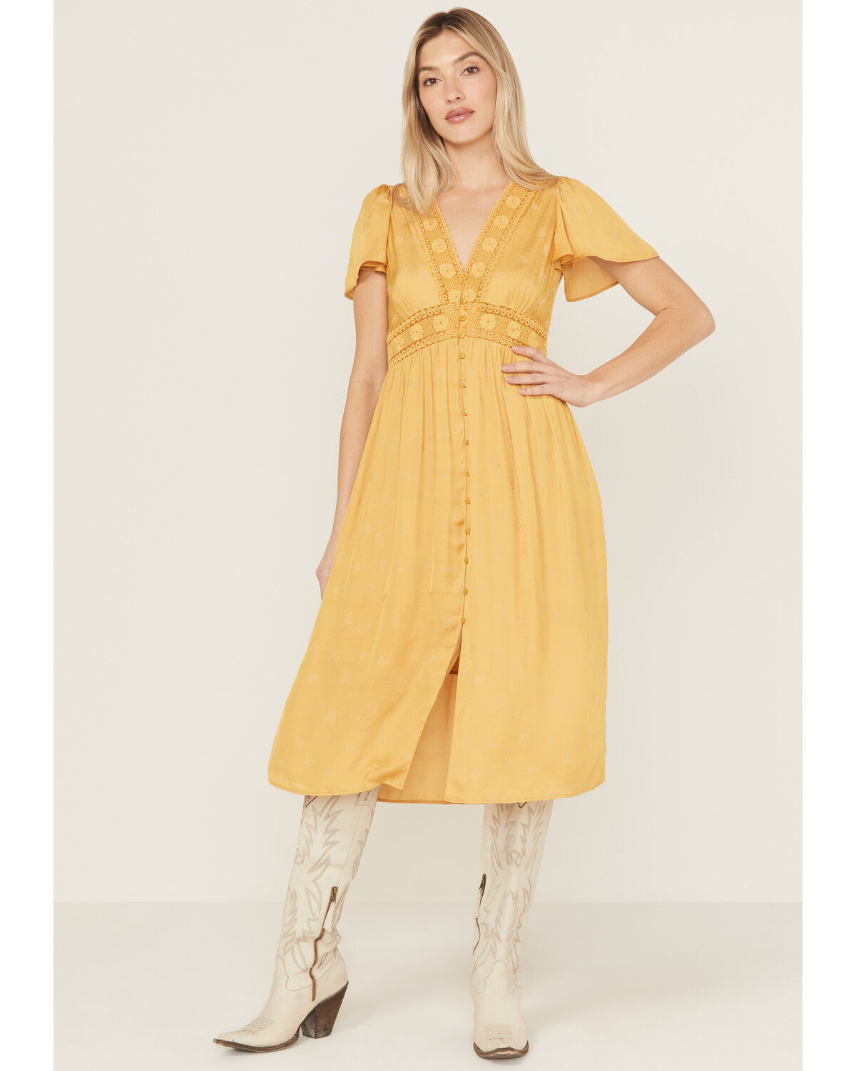 Image #1 - Beyond The Radar Women's Short Sleeve Floral Lace Midi Dress, Mustard, hi-res