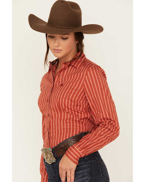 Image #2 - Cinch Women's Striped Geo Print Long Sleeve Button Down Shirt, Orange, hi-res