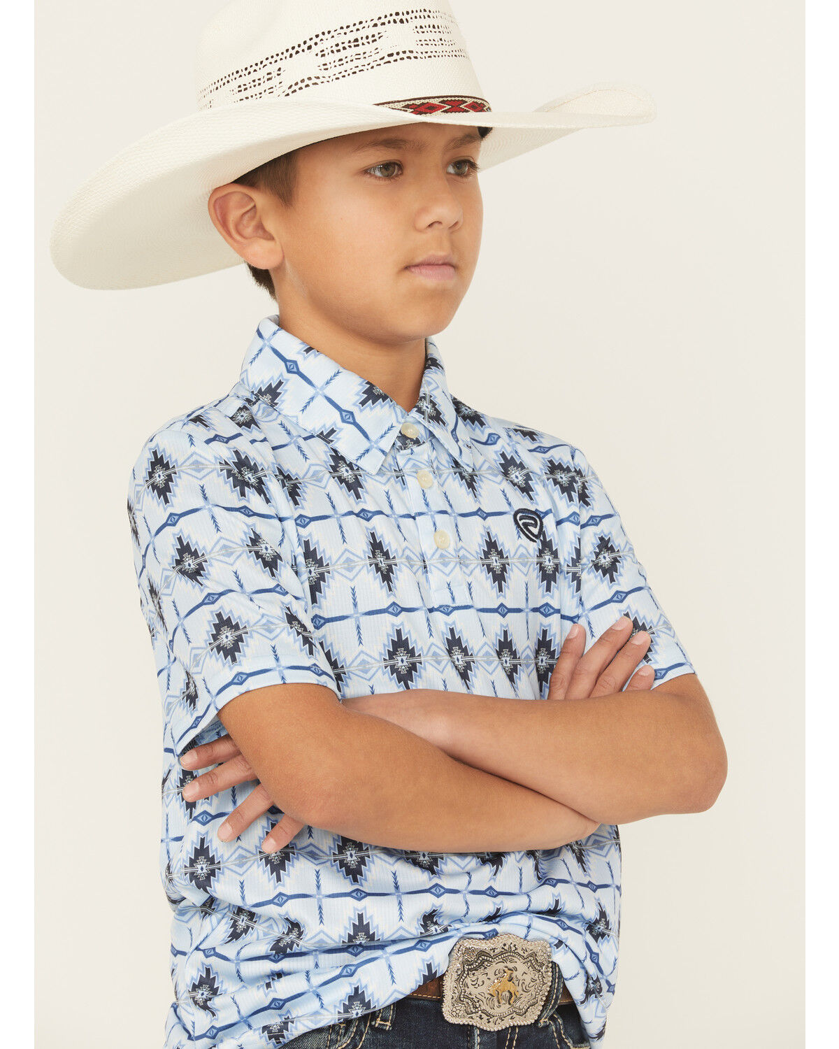 Image #2 - Rock & Roll Denim Boys' Southwestern Striped Short Sleeve Snap Western Shirt, Blue, hi-res