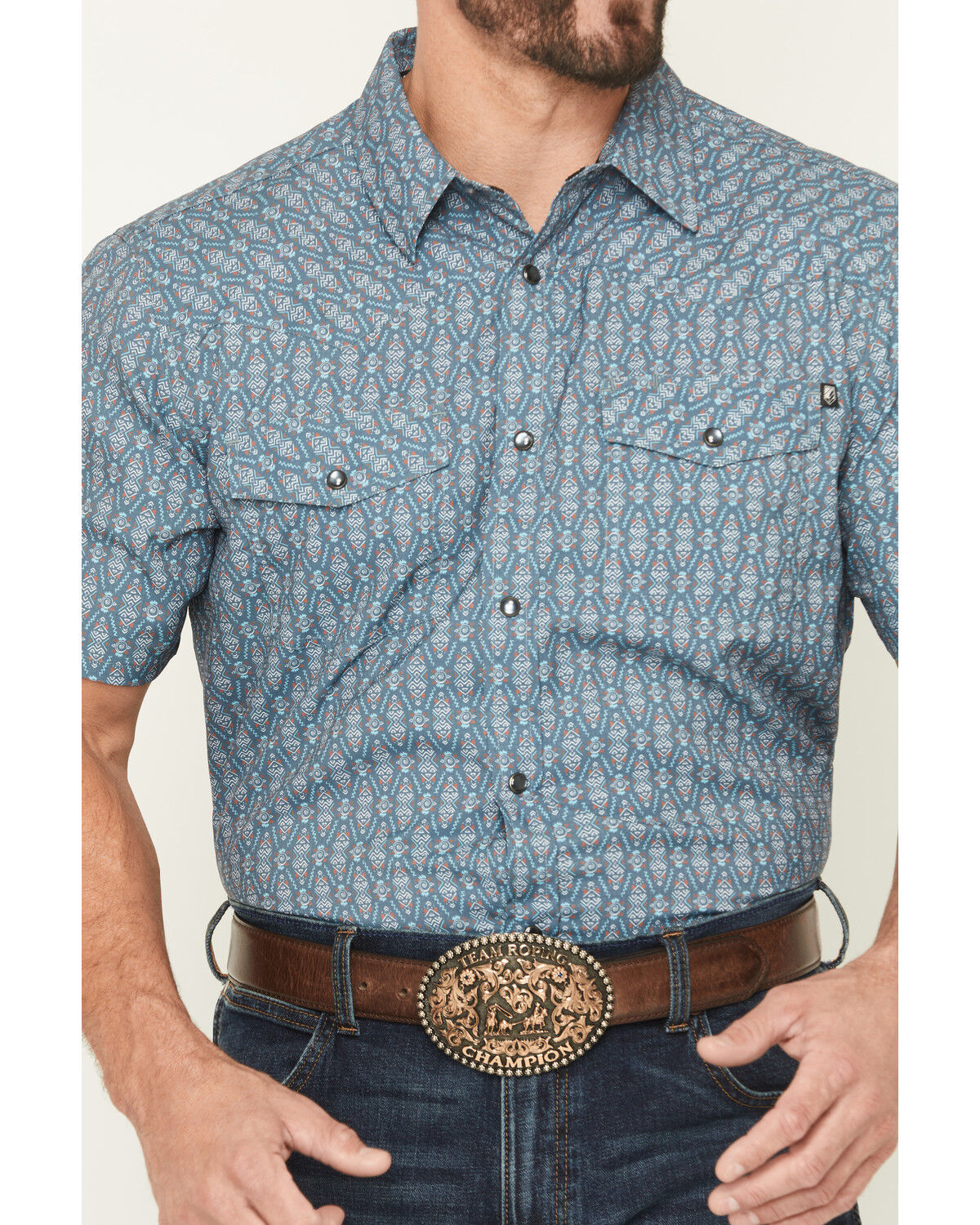 Image #3 - RANK 45® Men's River Rangers Southwestern Print Short Sleeve Snap Western Shirt, Navy, hi-res