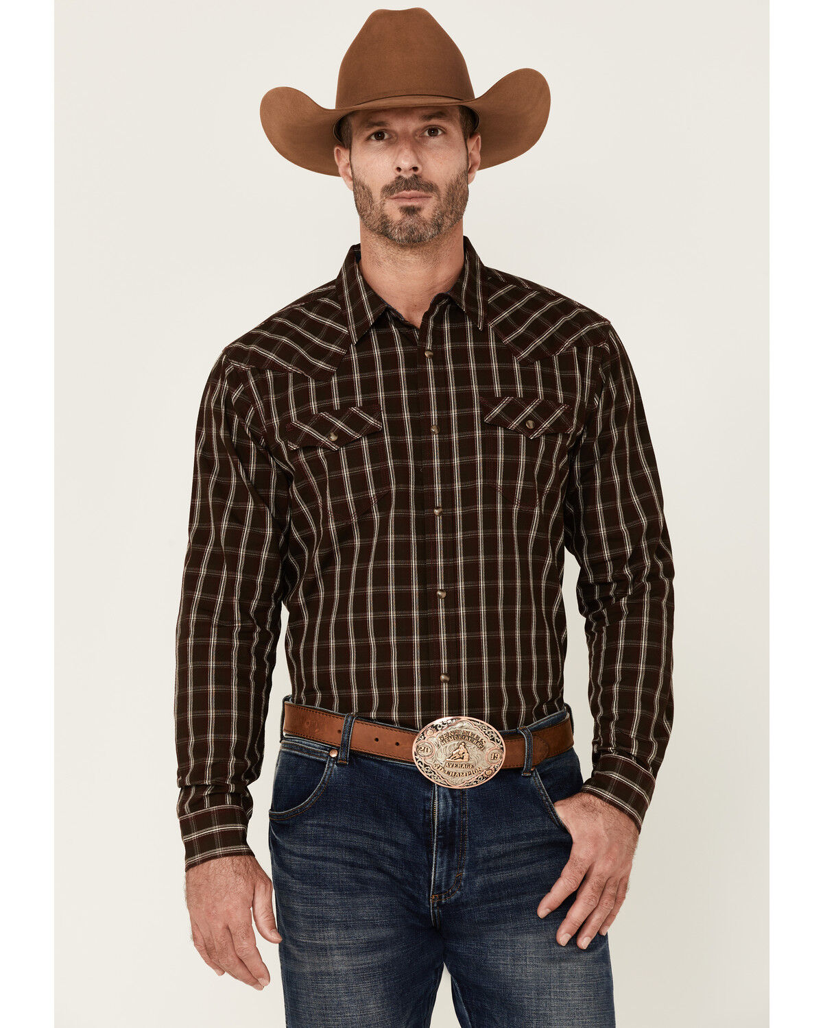 Image #1 - Moonshine Spirit Men's Mahogany Plaid Long Sleeve Snap Western Shirt, Burgundy, hi-res