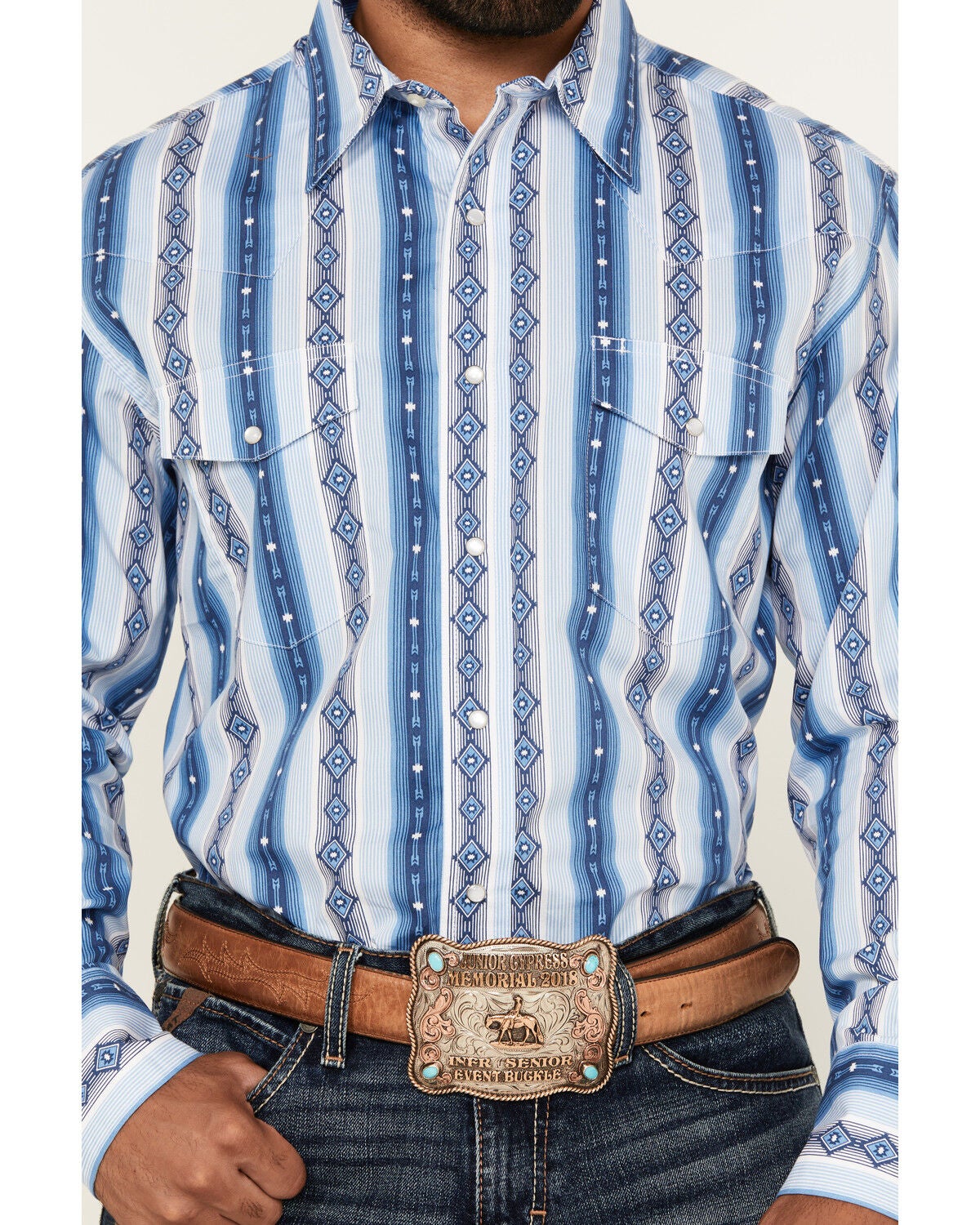 Image #3 - Wrangler Men's Checotah Southwestern Print Long Sleeve Snap Western Shirt - Big, Blue, hi-res