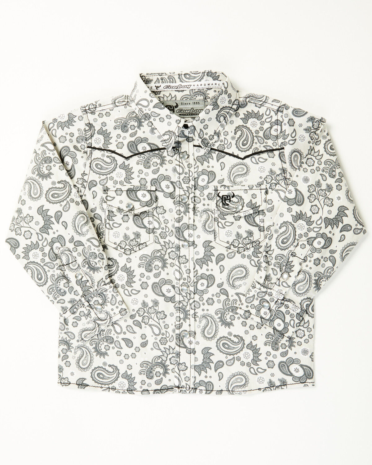 Image #1 - Cowboy Hardware Toddler Boys' Paisley Print Long Sleeve Pearl Snap Stretch Western Shirt, White, hi-res