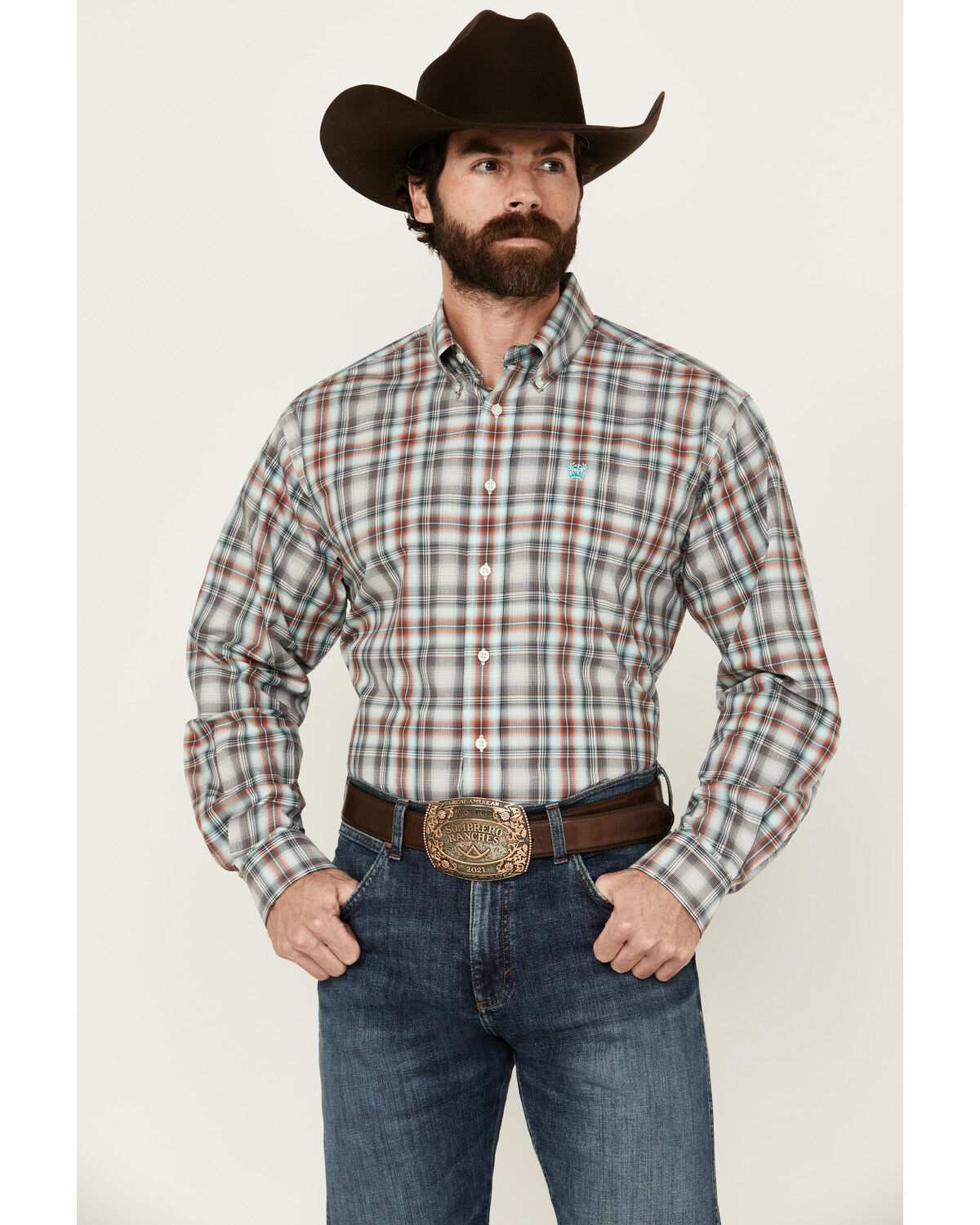 Image #1 - Cinch Men's Plaid Print Long Sleeve Button-Down Western Shirt, Grey, hi-res