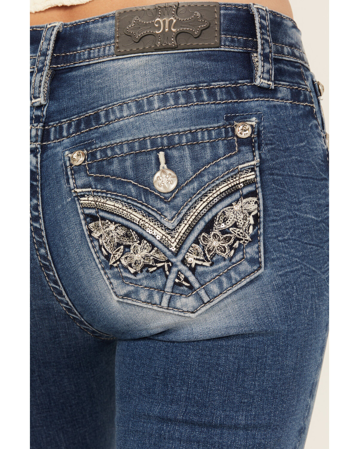 Image #2 - Miss Me Women's Medium Wash Mid Rise Floral Pocket Bootcut Stretch Denim Jeans, Medium Wash, hi-res