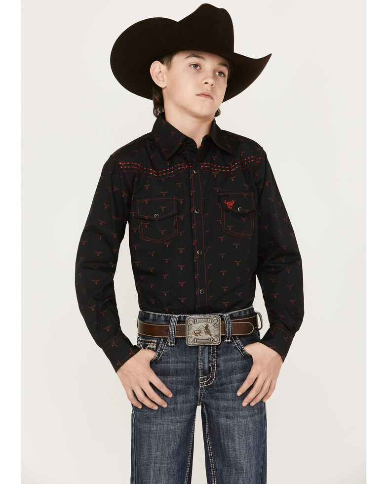 Cowboy Hardware Boys' Bull Skull Long Sleeve Western Shirt, Black, hi-res
