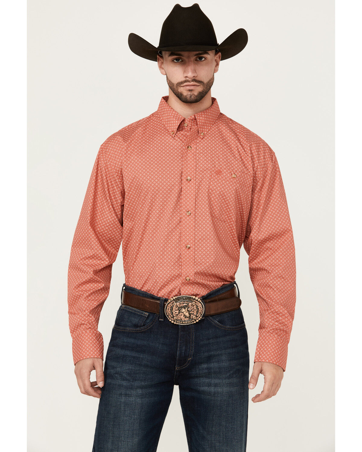 Image #1 - Wrangler Men's Classic Medallion Print Long Sleeve Button-Down Western Shirt, Red, hi-res