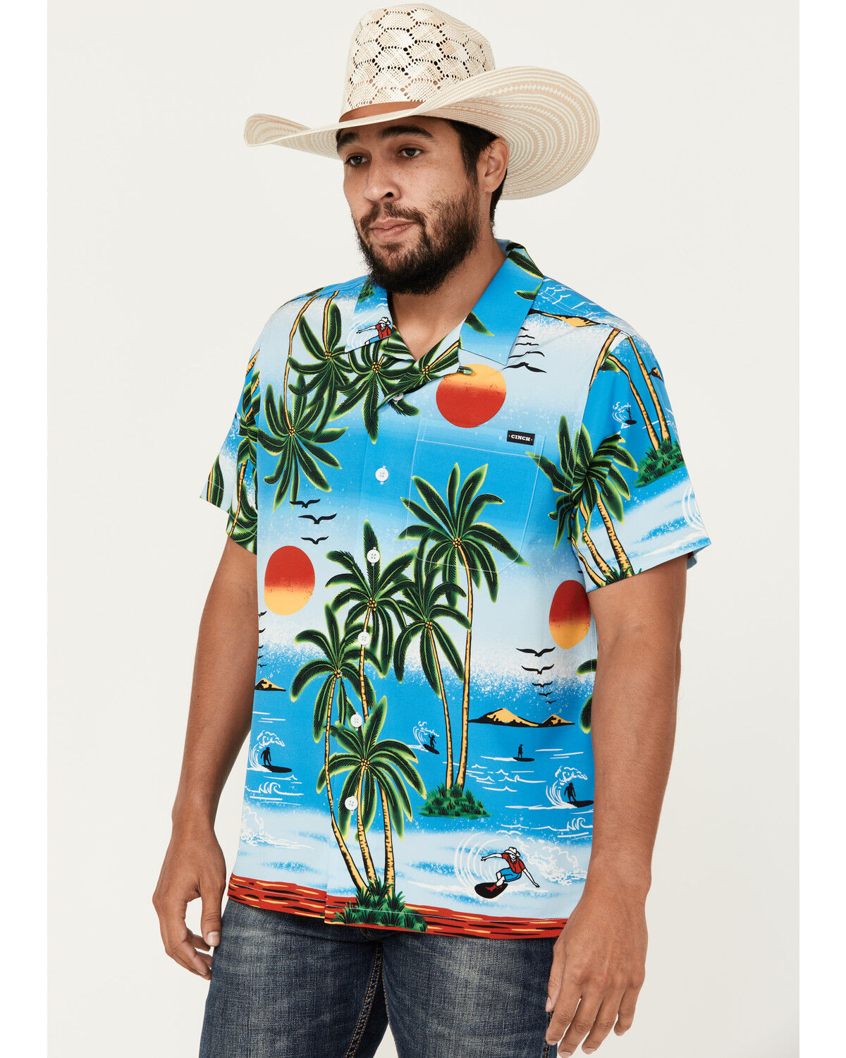 Image #1 - Cinch Men's Camp Ocean And Palm Trees Short Sleeve Button-Down Shirt, Blue, hi-res