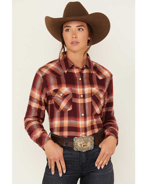Wrangler Women's Plaid Print Long Sleeve Western Flannel Snap Shirt, Wine, hi-res