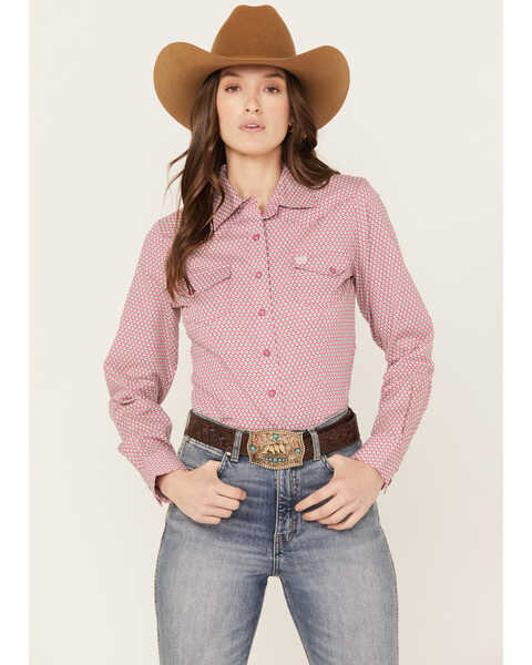 Image #1 - Cinch Women's Geo Print Long Sleeve Western Snap Shirt, Pink, hi-res