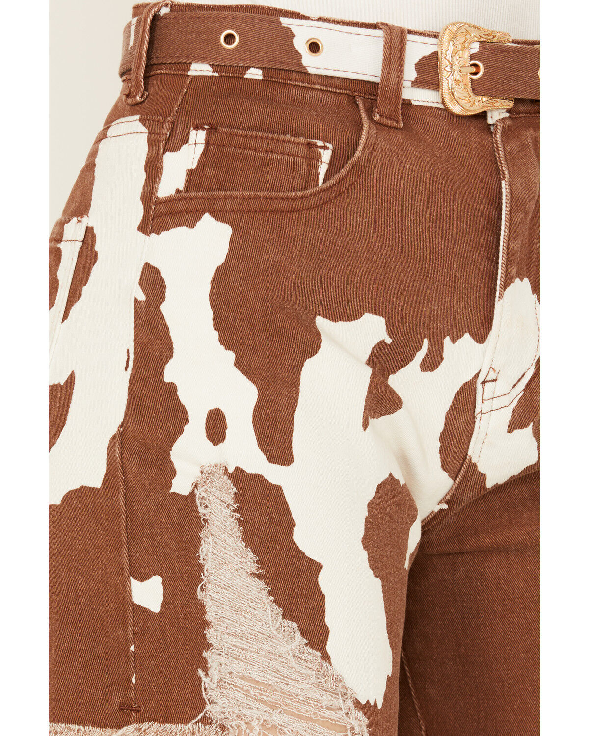 Image #2 - Blue B Women's High Rise Cow Print Belted Shorts, Brown, hi-res