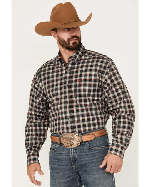 Image #1 - Ariat Men's Karter Plaid Print Long Sleeve Button-Down Stretch Western Shirt, Tan, hi-res