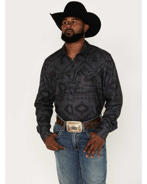 Rock & Roll Denim Men's Southwestern Long Sleeve Button Down Western Shirt , Black, hi-res
