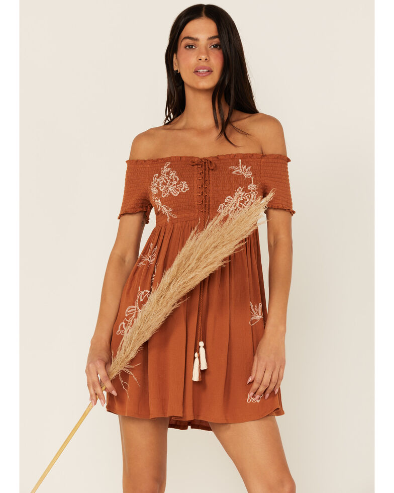 Shyanne Women's Smocked Off Shoulder Floral Embroidered Mini Dress, Brown, hi-res