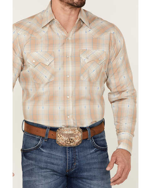 Image #3 - Ely Walker Men's Large Dobby Plaid Long Sleeve Pearl Snap Western Shirt , Beige/khaki, hi-res