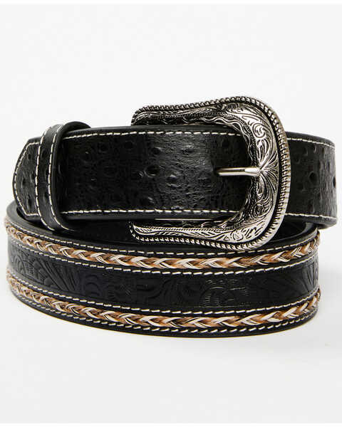 Cody James Men's Horsehair with Floral Tooled Inlay Belt, Black, hi-res