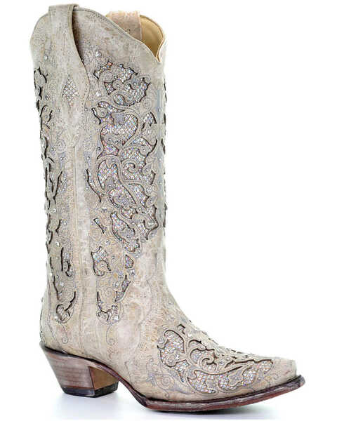 Image #1 - Corral Women's Glitter Inlay and Crystals Wedding Boots - Snip Toe, White, hi-res