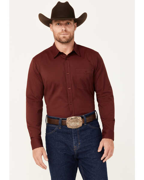 RANK 45® Men's Logo Long Sleeve Button-Down Performance Western Shirt, Wine, hi-res