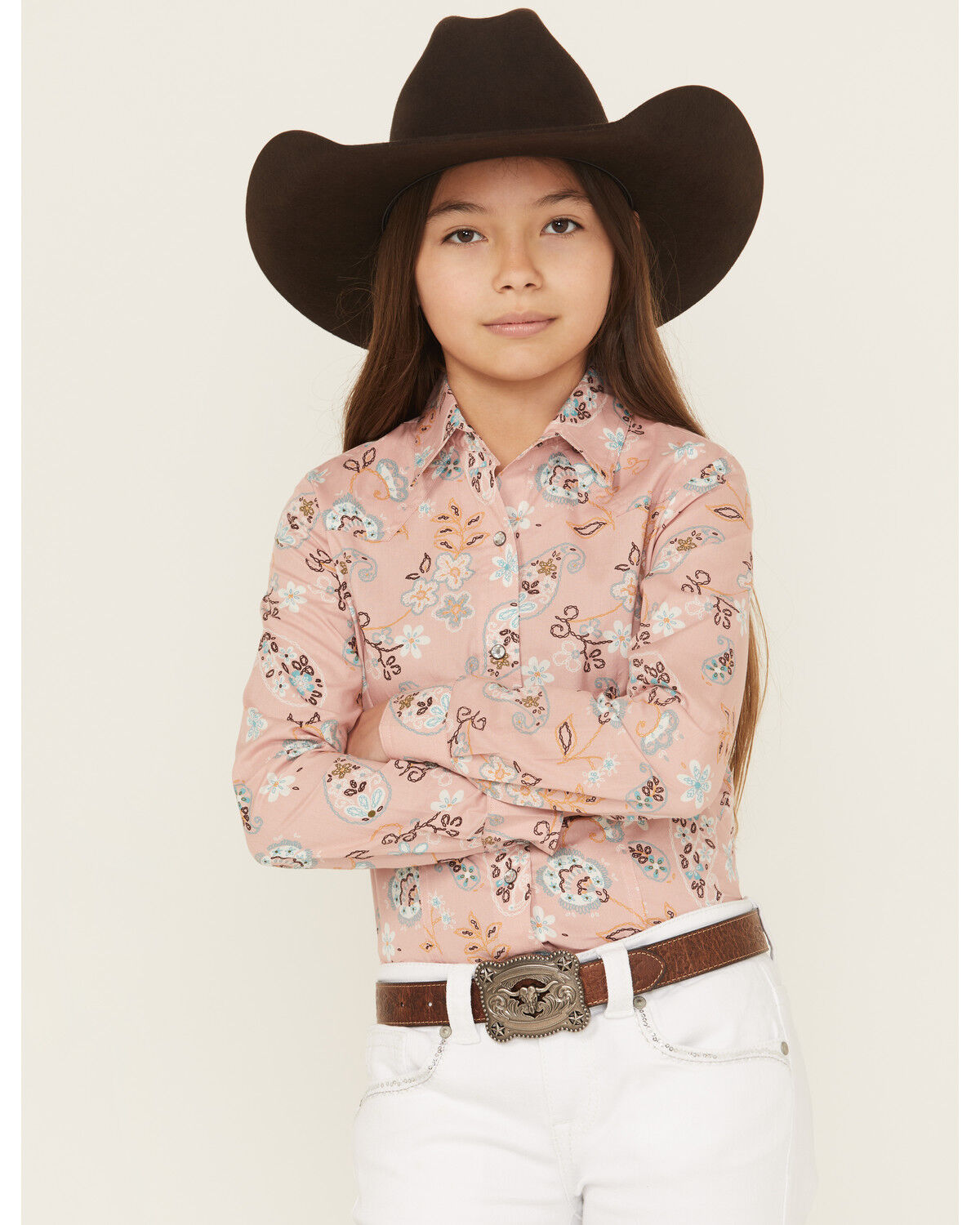 Image #1 - Cruel Girl Girls' Printed Long Sleeve Rhinestone Snap Western Shirt, Pink, hi-res