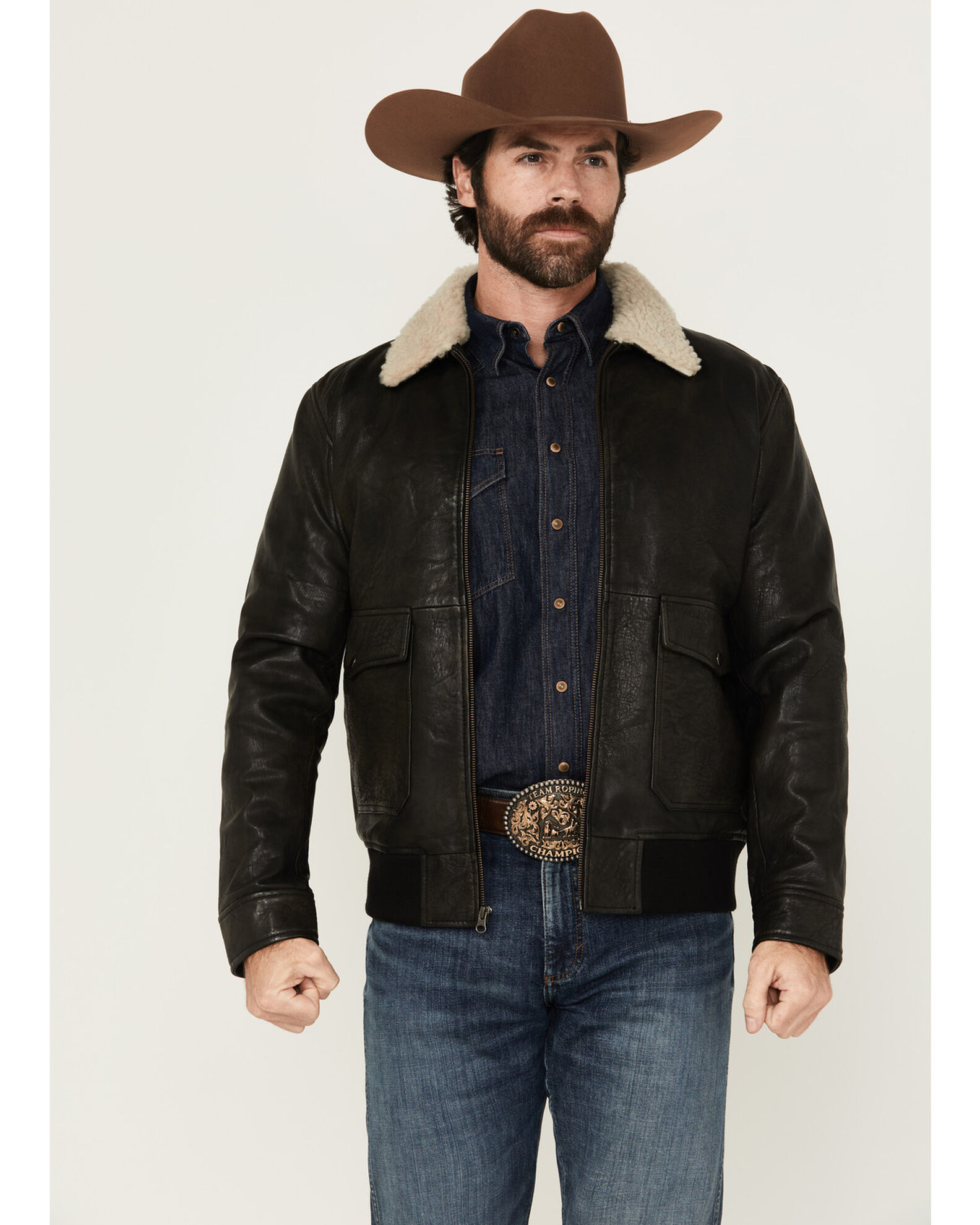 Leather bomber jacket sherpa collar on sale