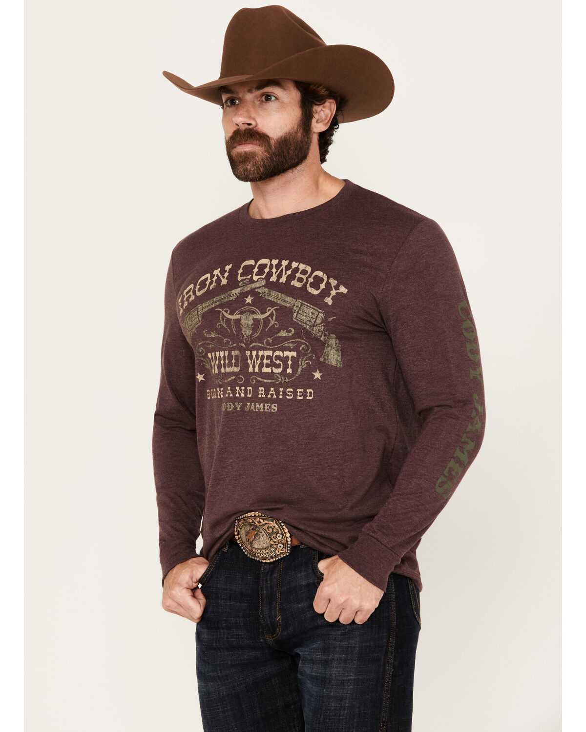 Image #1 - Cody James Men's Iron Pistols Long Sleeve Graphic T-Shirt, Burgundy, hi-res