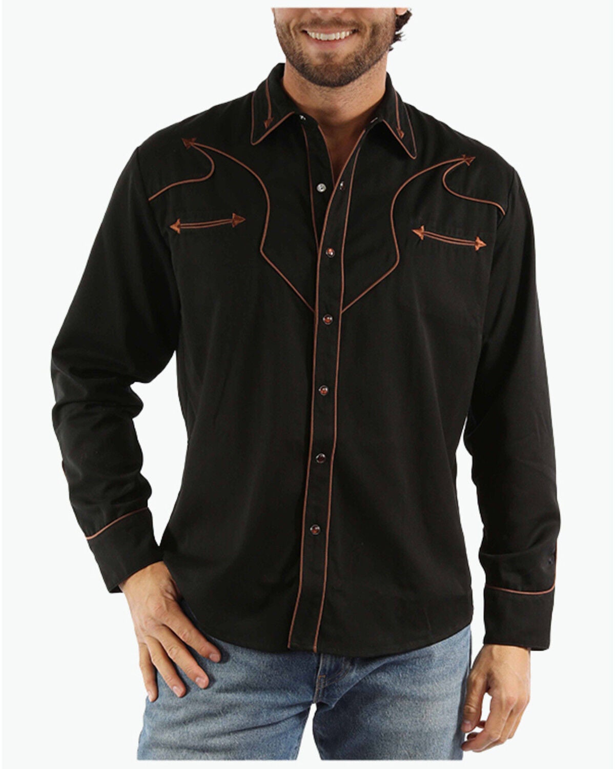 Image #1 - Scully Men's Embroidered Long Sleeve Snap Western Shirt - Big, Black, hi-res