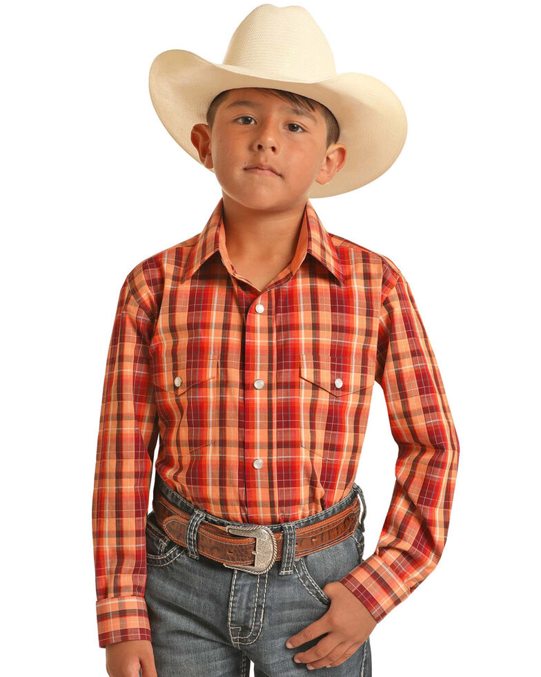 Panhandle Boys' Orange & Red Long Sleeve Plaid Snap Western Shirt, Orange, hi-res