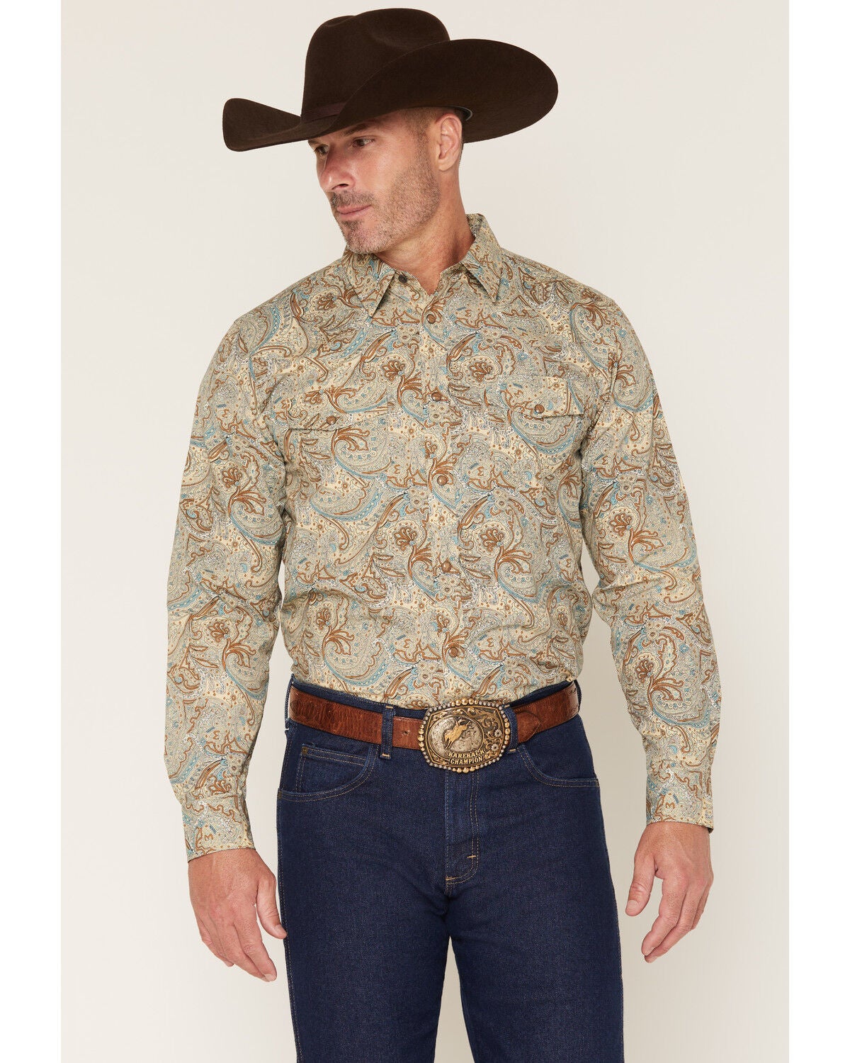 Image #1 - Gibson Trading Co Men's Feelin' Good Paisley Print Long Sleeve Snap Western Shirt - Big, Aqua, hi-res