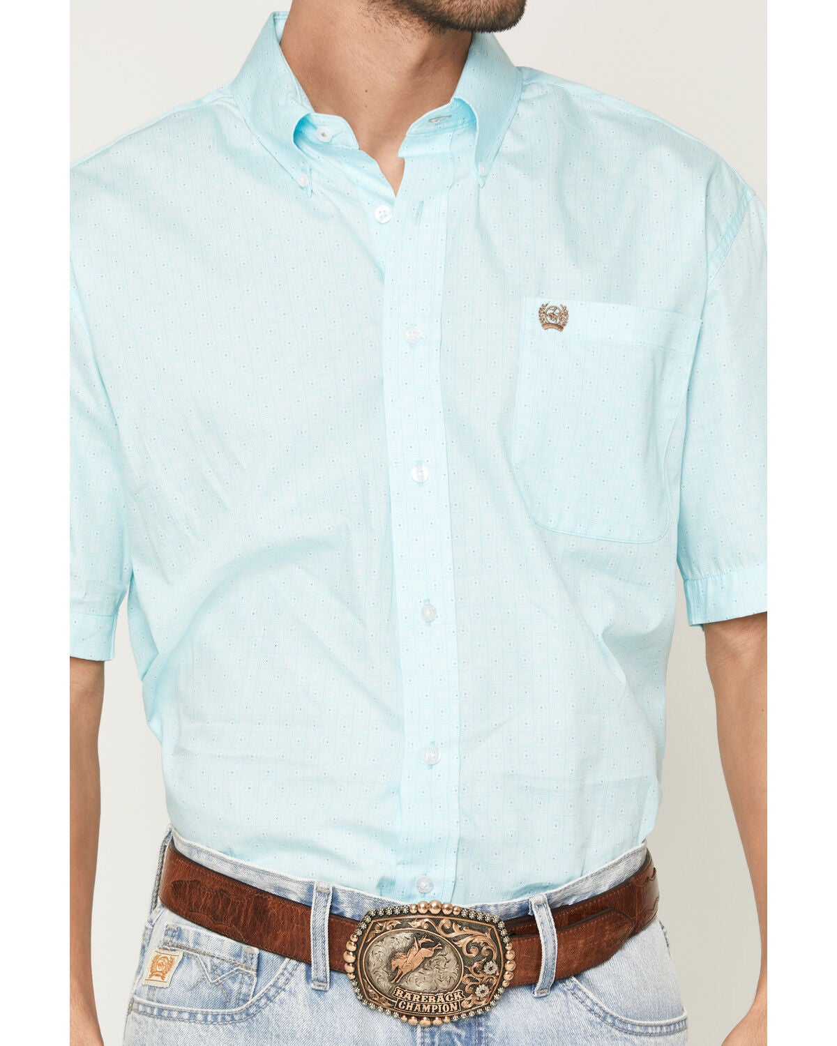 Image #3 - Cinch Men's Boot Barn Exclusive Geo Print Short Sleeve Button-Down Western Shirt, Aqua, hi-res
