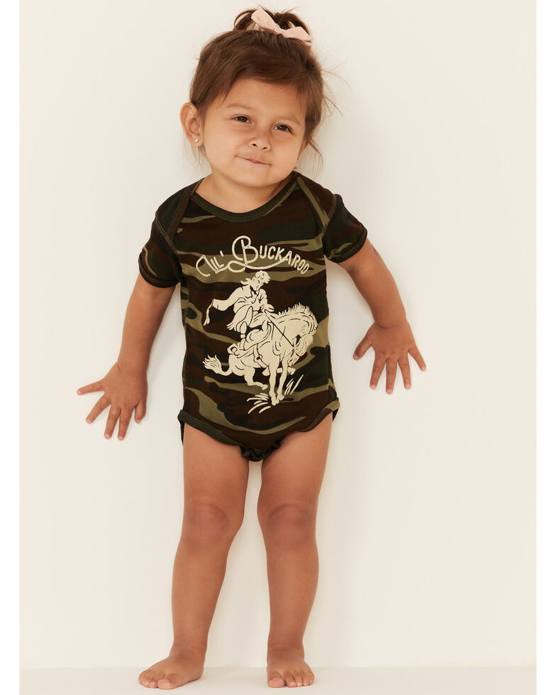 Rodeo Quincy Infant Girls' Camo Print Lil Buckaroo Graphic Short Sleeve Onesie , Camouflage, hi-res