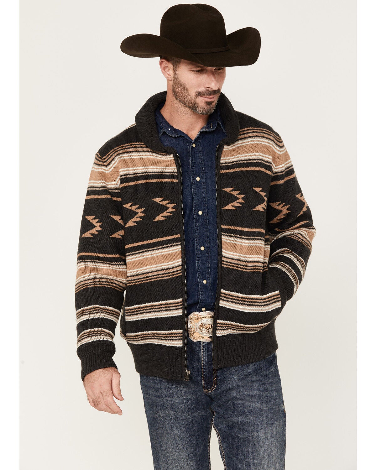 Cinch Men's Full-Zip Striped Sweater, Charcoal, hi-res