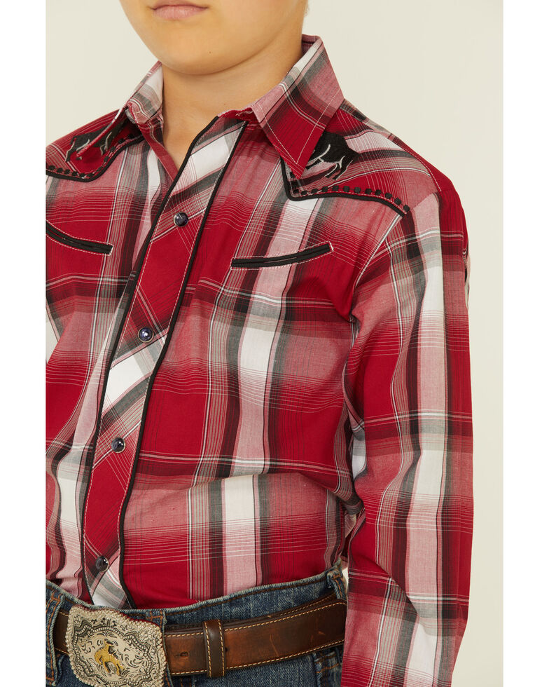 Roper Boys' Red Plaid Embroidered Bull Yoke Long Sleeve Snap Western Shirt , Red, hi-res