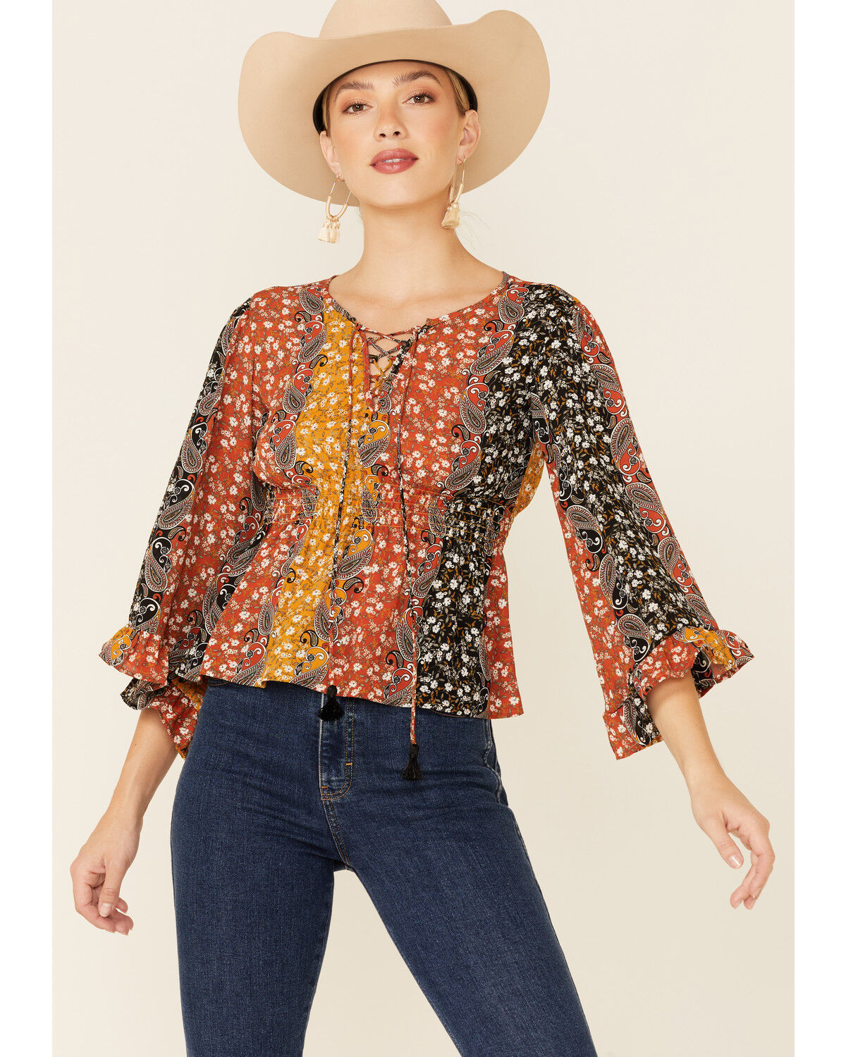 Image #1 - Shyanne Women's Boho Floral Stripe Bell Sleeve Top, Black, hi-res