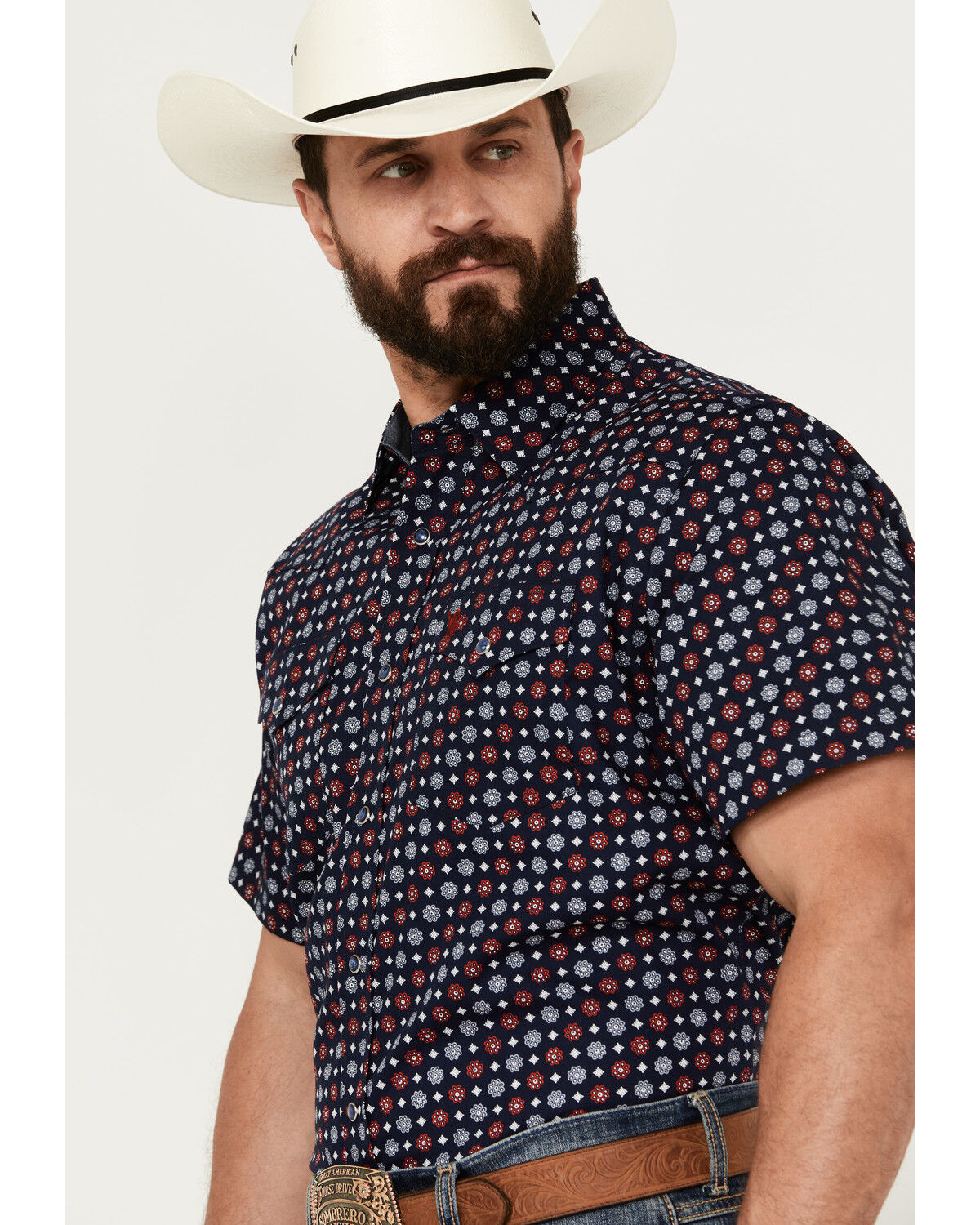 Image #3 - Rodeo Clothing Men's Medallion Print Short Sleeve Snap Western Shirt, Navy, hi-res