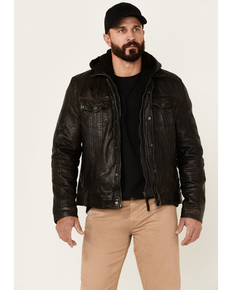 Maruitius Leather Men's Dark Grey Sherpa-Lined Button-Front Leather Trucker Jacket , Dark Grey, hi-res