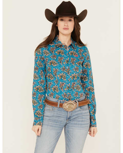 Image #1 - Cinch Women's Floral Long Sleeve Button-Down Western Shirt, Blue, hi-res