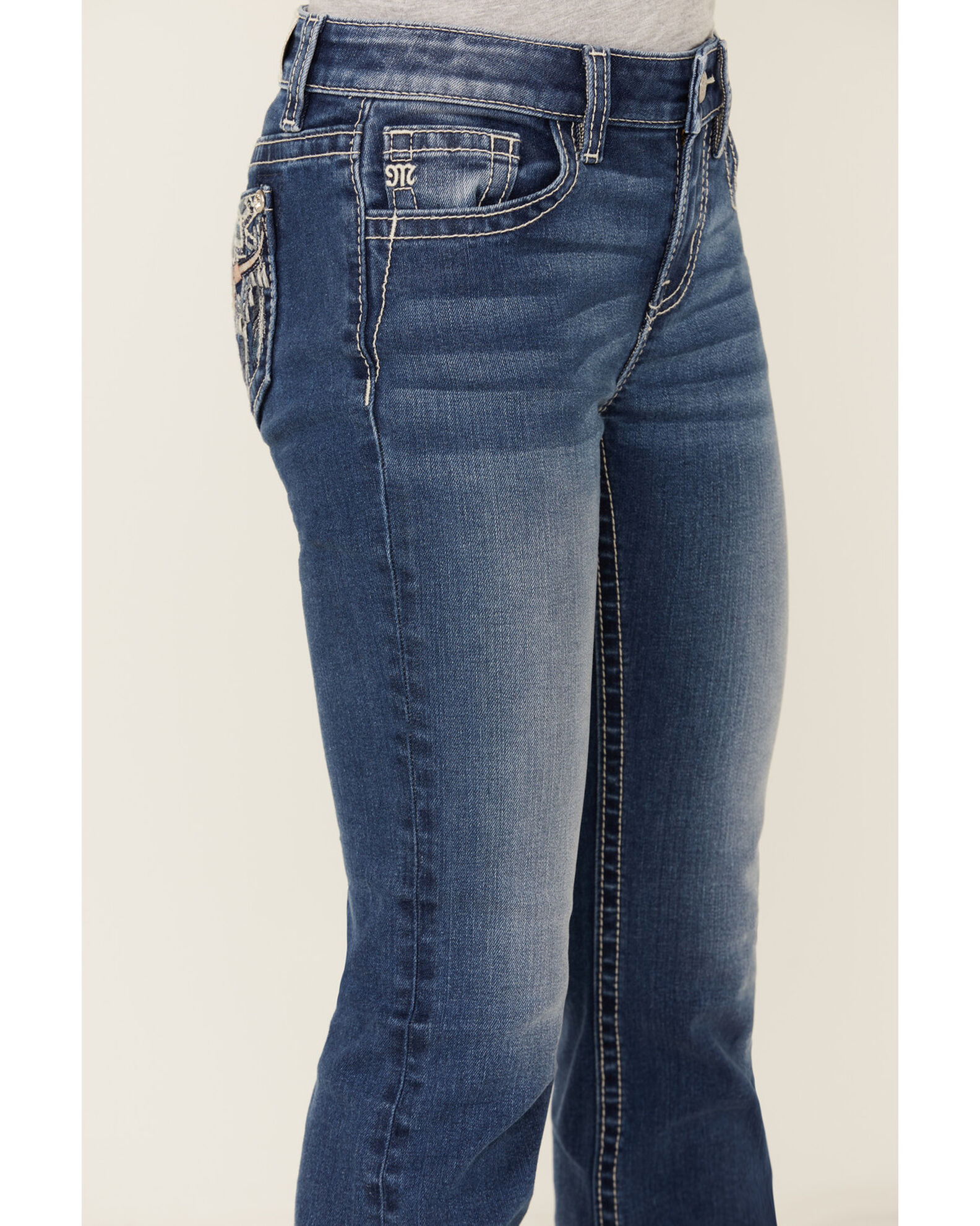 Image #4 - Miss Me Girls' Dark Wash Steerhead Pocket Bootcut Stretch Denim Jeans, Blue, hi-res