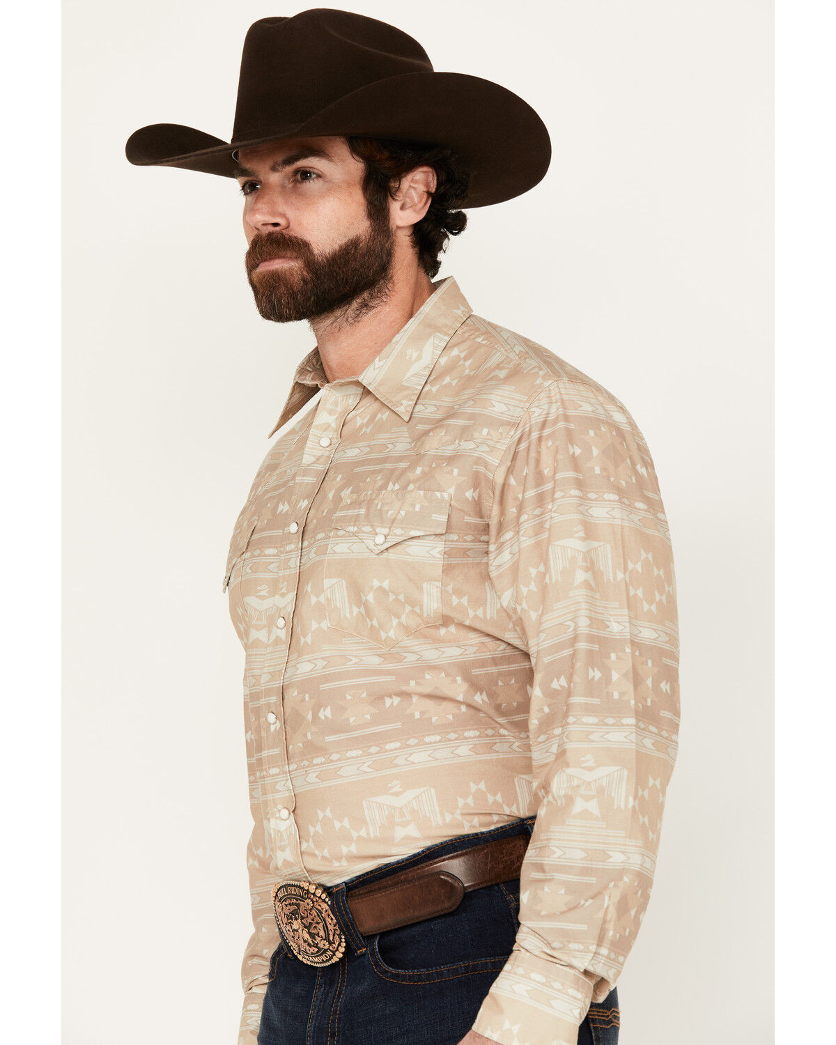 Image #2 - Roper Men's West Made Southwestern Print Long Sleeve Pearl Snap Western Shirt, Tan, hi-res