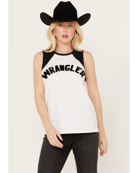 Wrangler Women's Sleeveless Raglan Logo Tank, White, hi-res