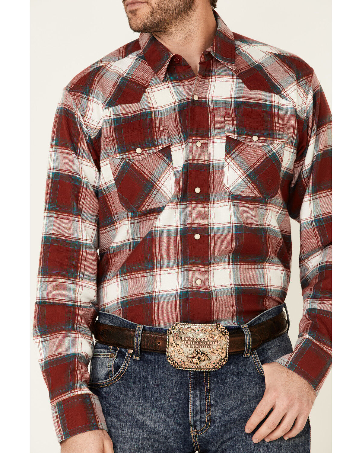 Image #3 - Ariat Men's Hillsboro Retro Large Plaid Long Sleeve Snap Western Flannel Shirt, Red, hi-res