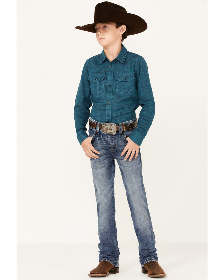 Cody James Boys' Ride On Textured Solid Long Sleeve Snap Western Shirt , Turquoise, hi-res