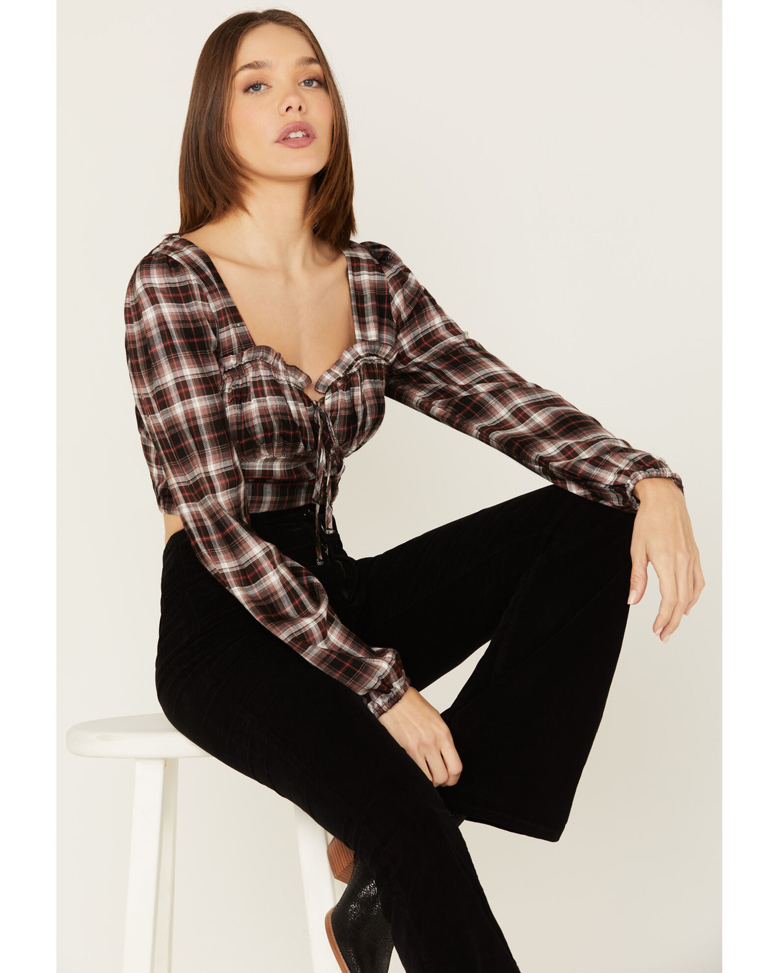 Image #1 - Wild Moss Women's Plaid Print Ruffle Tie Front Crop Top, Rust Copper, hi-res