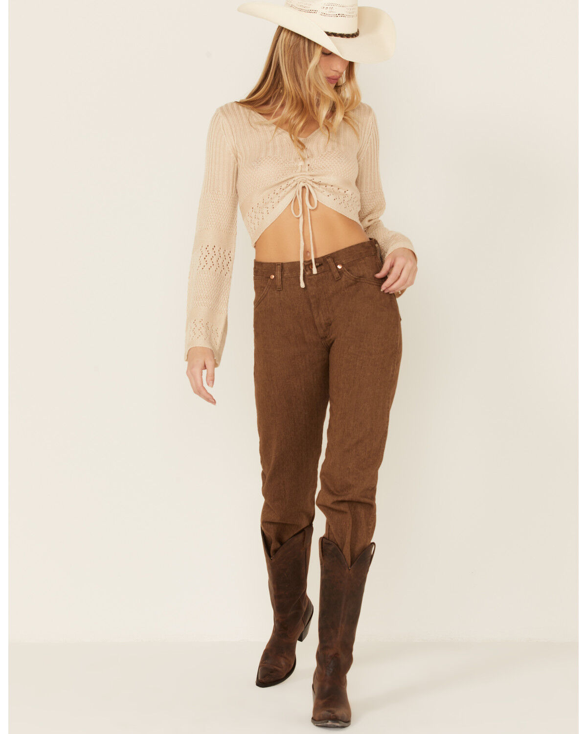 Image #4 - Lush Clothing Cinch Front Pointelle Bell Sleeve Top, Oatmeal, hi-res