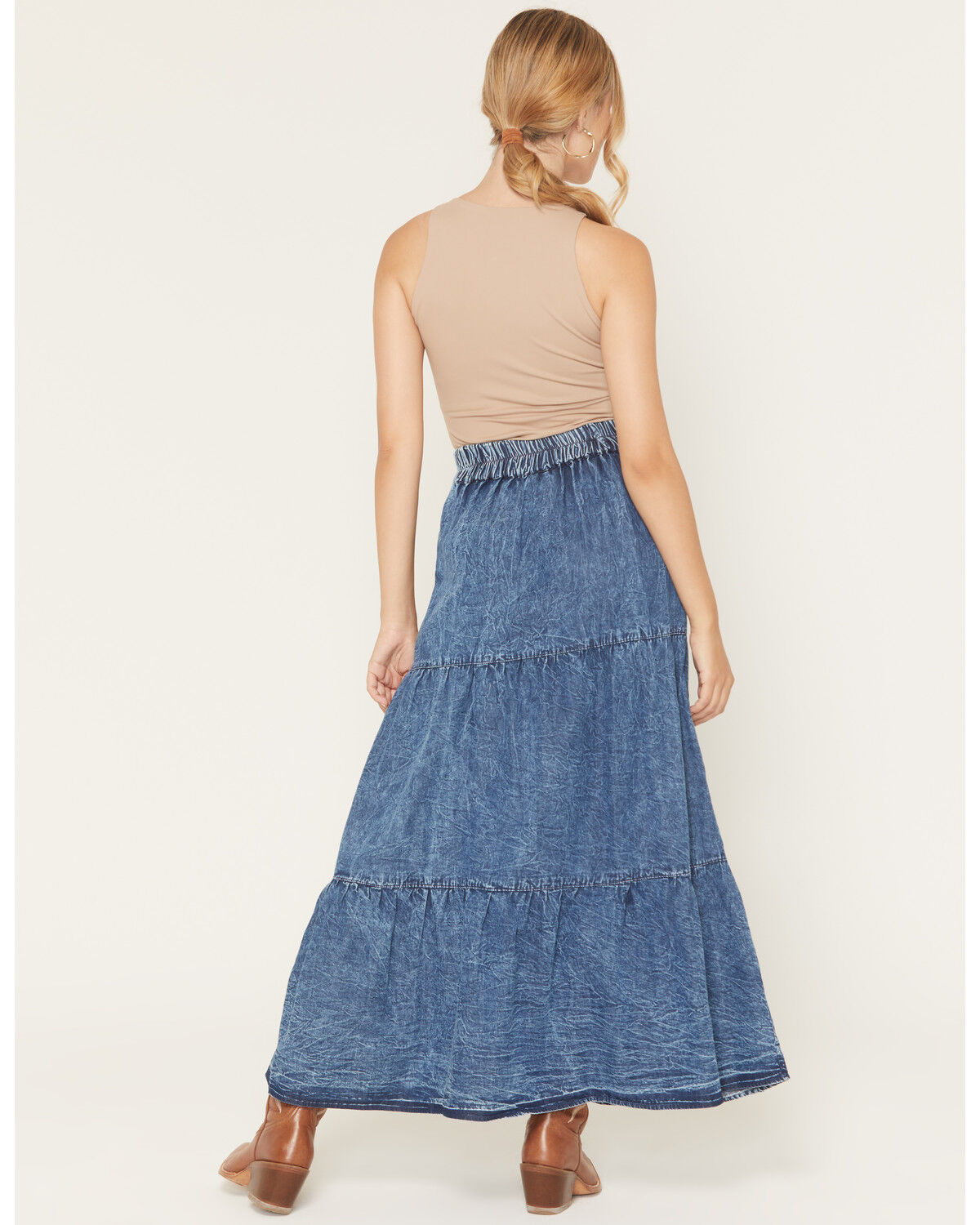 Image #3 - Angie Women's Acid Washed Split Maxi Skirt, Dark Wash, hi-res