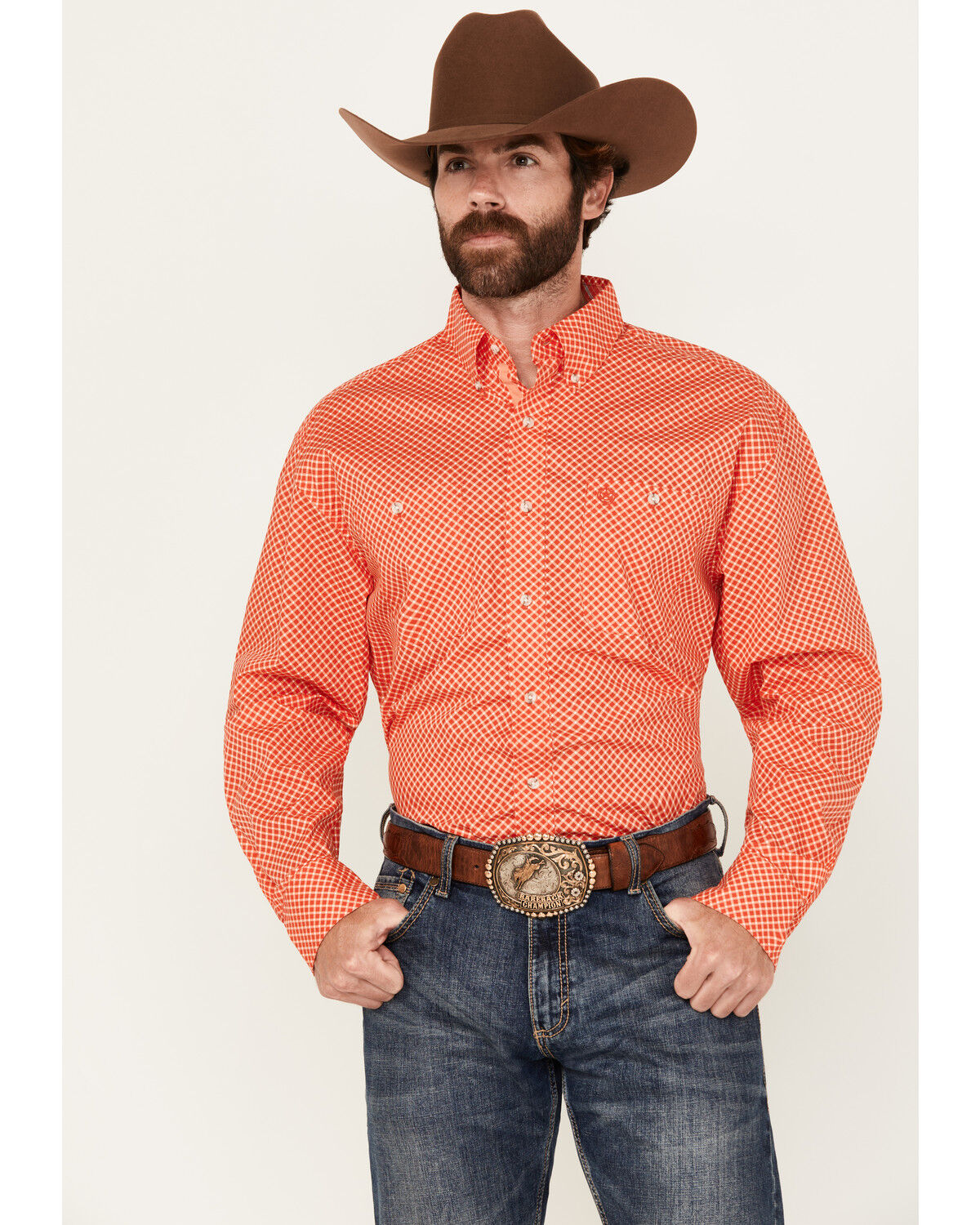 Image #1 - George Strait by Wrangler Men's Geo Print Long Sleeve Button-Down Stretch Western Shirt, Red, hi-res